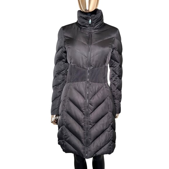 T Tahari Down Puffer Coat Taupe Brown XS, Long Quilted Winter Jacket High Neck - Picture 2 of 13